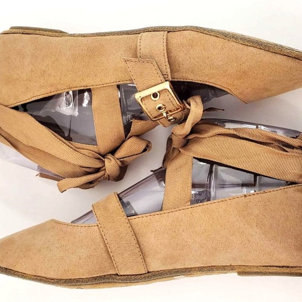 NEW Bamboo Women's Flats Chantel Tan Suede with Ankle Tie Foot Buckle